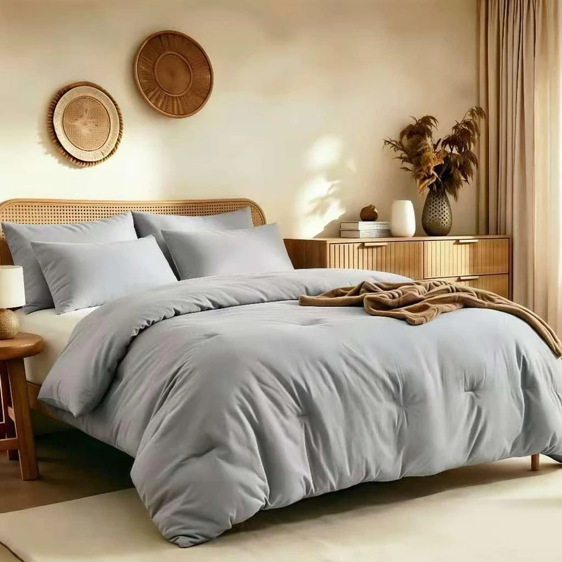 Quataly King Comforter Set Prewashed Lightweight Quilted Bedding, All Season Breathable Down Alternative Solid Light Grey Comforter (104"x90") with 2 Pillowcases
