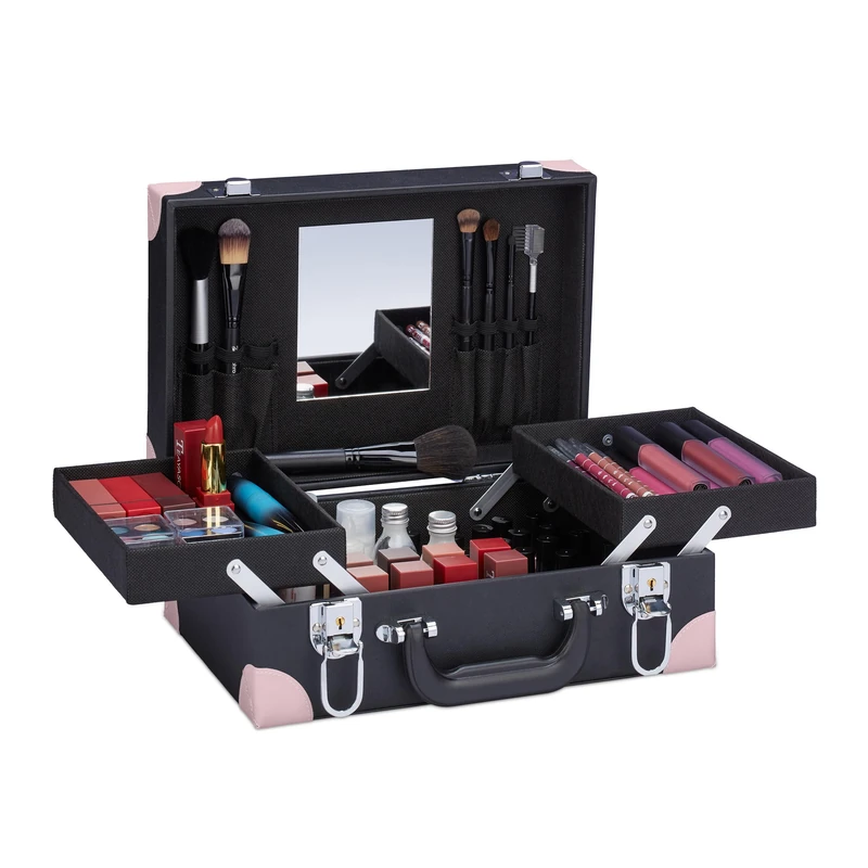 Relaxdays Cosmetic Case, Makeup Storage Box, Nail Varnish Bag, Mirror, Empty, HxWxD 12.5 x 31 x 23 cm, Black/Pink