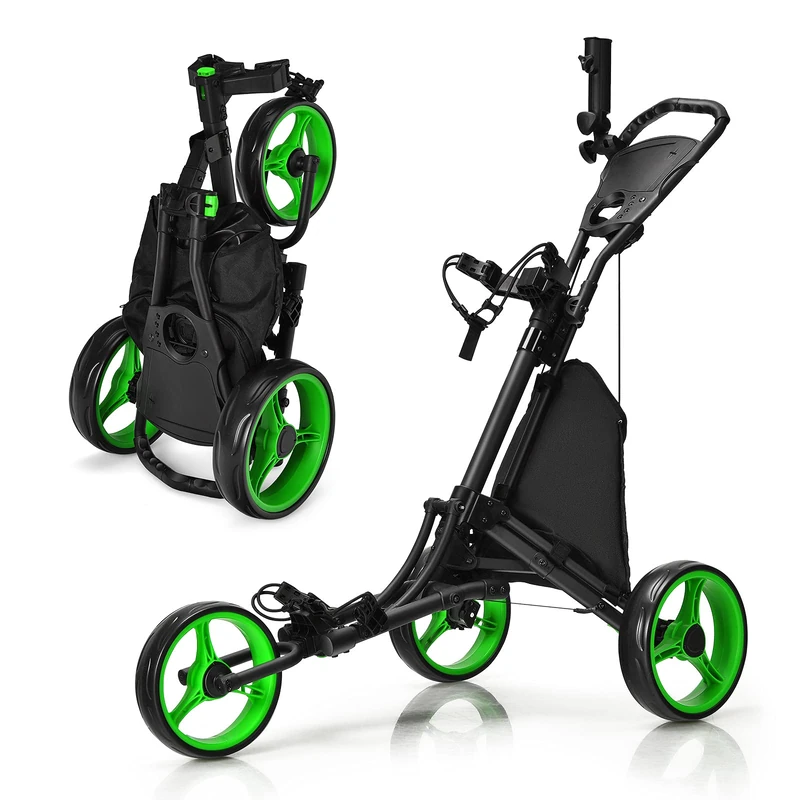 GYMAX 3 Wheels Golf Push Pull Cart, Foldable Golf Bag Holder (Green)