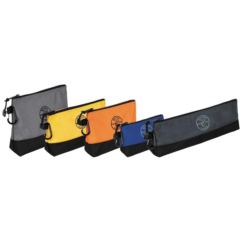 Klein Tools 55569 Stand-Up Zipper Bag Tool Pouch with Carabiners, Reinforced Gusseted Bottoms, Water Resistant 1680d, Multi-Size 5-Pack - Image 1