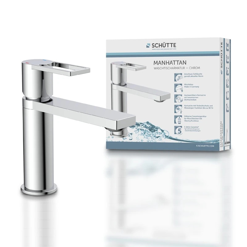 SCHÜTTE Washbasin Fixture Manhattan 33010, Water tap Bathroom with Drain Fitting, Bathroom Fixture, Single Lever Mixer Bathroom with pop up Drain Stopper, Mixer tap washbasin, Chrome - Image 1
