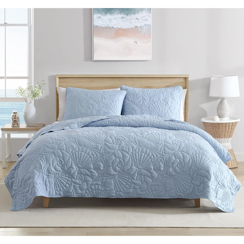 CARIBBEAN JOE Twin Outlined Shell 2-Piece Quilt Set, Coastal Beach Design Bedding, Blue