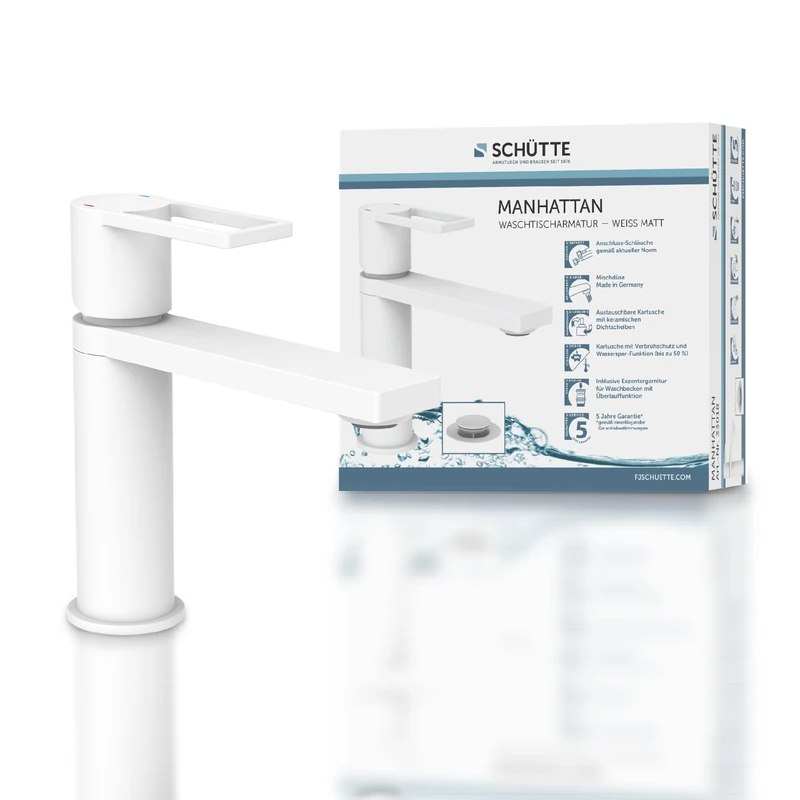 SCHÜTTE Manhattan 33018 Basin Faucet with Waste Plug, Bathroom Mixer, Single Lever Bathroom Mixer Tap with Pop Up Drain Plug, Basin Mixer Tap, White