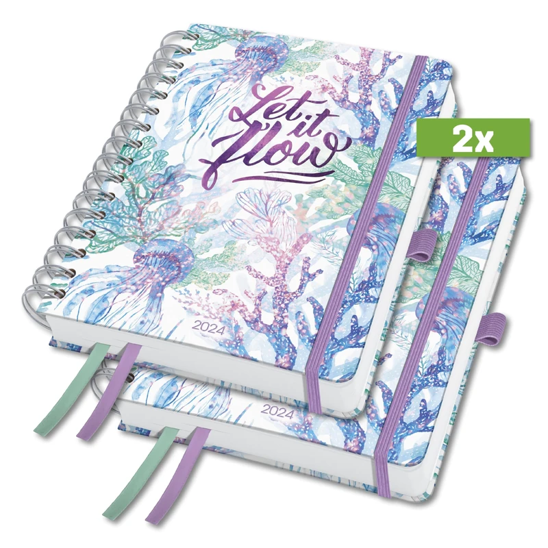 SIGEL J4604 Jolie Spiral diary 2024, Underwater Miracles, 16,8 x 21,5 cm, hardcover, 240 pages, purple, Green, Blue, 2 Pieces