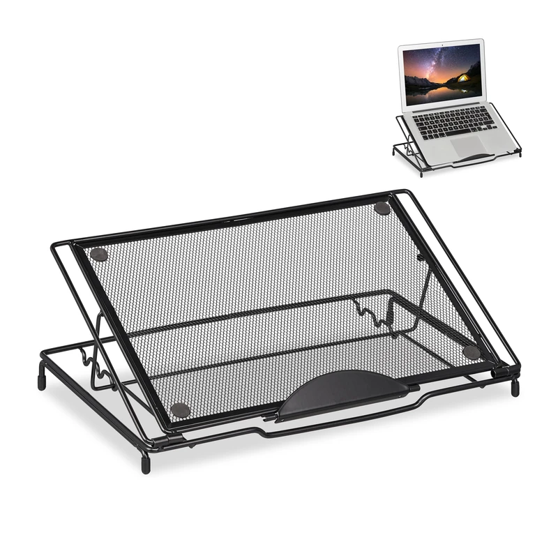 Relaxdays Laptop Stand, Foldable, Notebook & Tablet Tablet, Up to 14 in, 3 Adjustable Angles, Mesh Design, Steel, Black