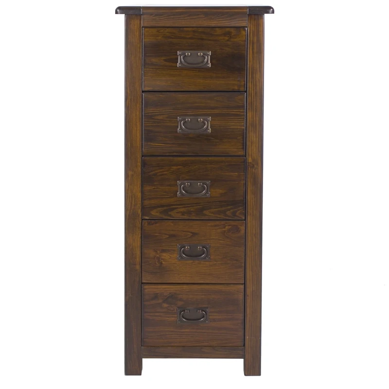 Home Source Denver Chest of Drawers Narrow Cabinet, Solid Pine Tallboy Dresser Bedroom Storage, 5 Drawer