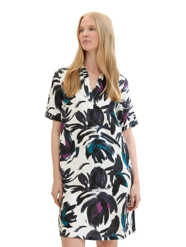 TOM TAILOR Women's Linen Dress with Polo Collar, 35285 - Dark Blue Floral Design, 18