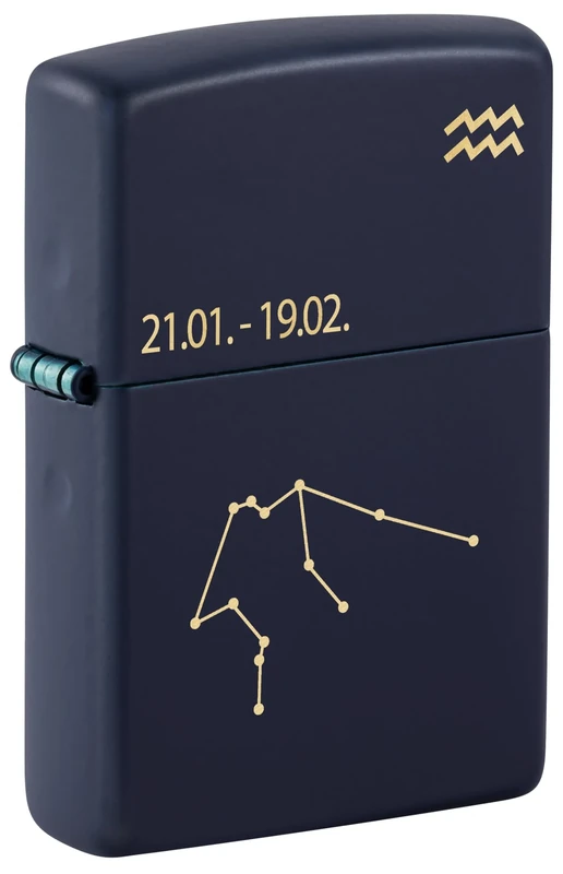Zippo Windproof Lighter, Zodiac Aquarius Design – Matt Navy Blue, Laser Engraving – Refillable, Reusable, Windproof Design – Comes in Gift Box – Made in USA