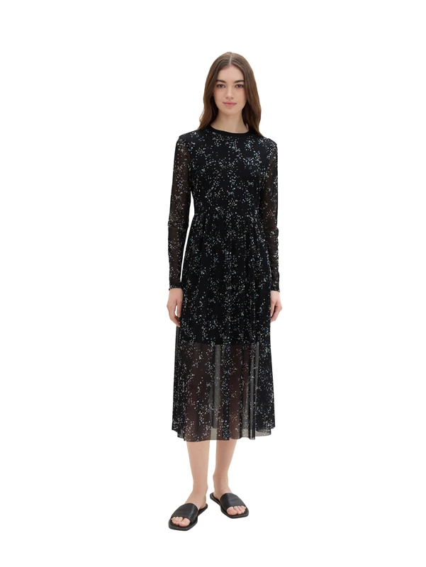 TOM TAILOR Denim Women's Mesh Dress with Pattern, 31552 - Black Multicoloured Dots, XS - Image 1