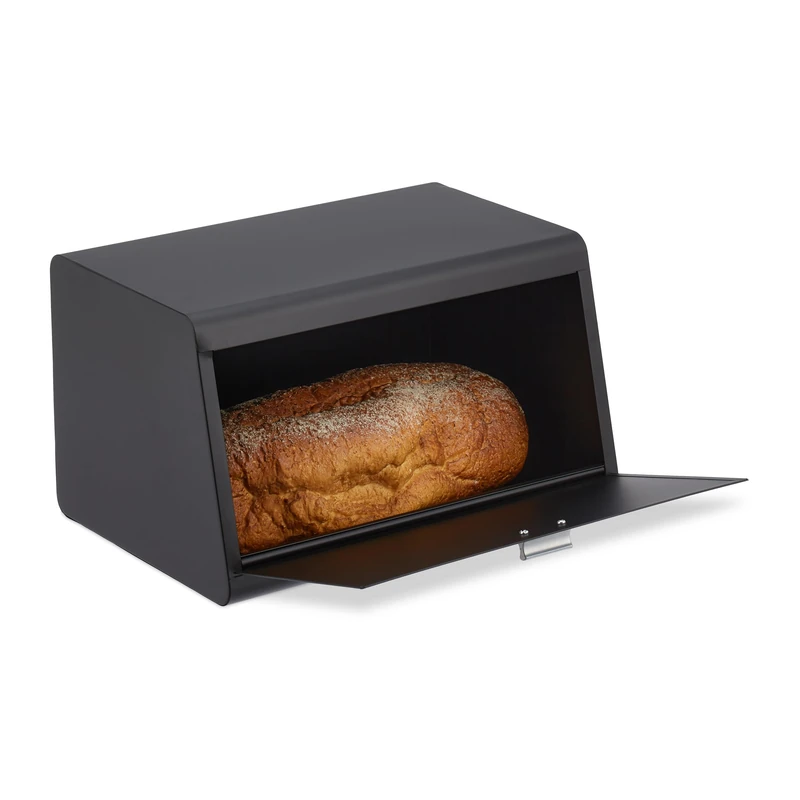 Relaxdays Stainless Steel Bin, Storage Box, H x W x D: 20.5 x 34.5 x 23.5 cm, Bread Container, Metal, Black