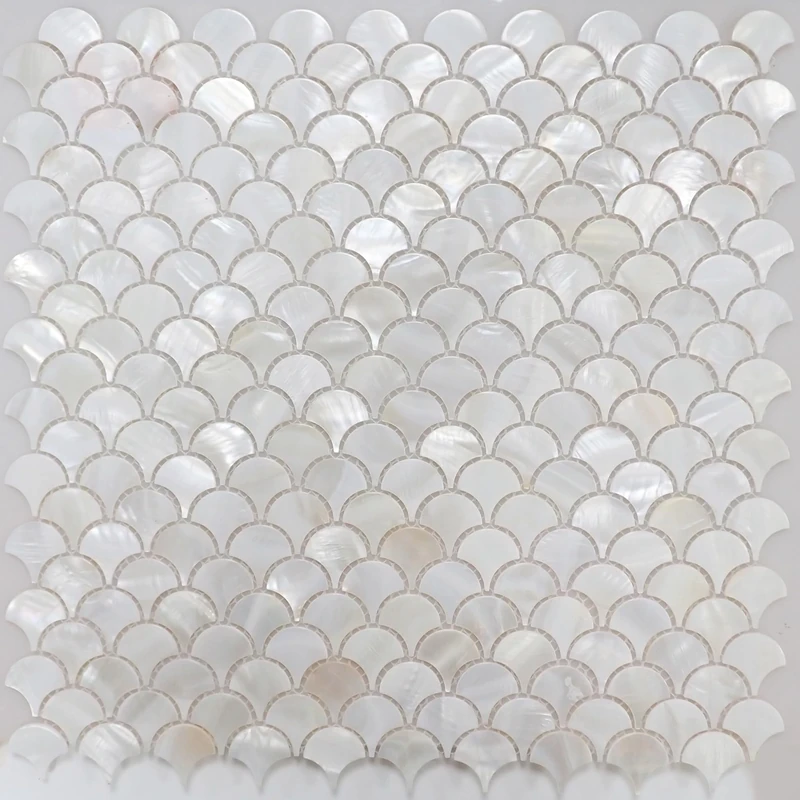 Incudo Pure White Mother of Pearl Fan Mosaic Tiles - 300x300mm, Pack of 4, Mesh Backing