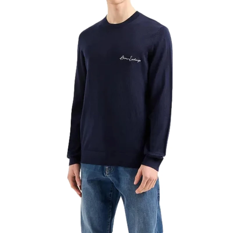 Armani Exchange Men's Essential Crew Neck Logo Lettering Pullover Sweater, navy, X-Small