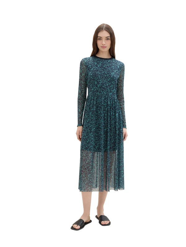 TOM TAILOR Denim Women's Mesh Dress with Pattern, 36310 - Navy Mint Flower Print, XS - Image 1