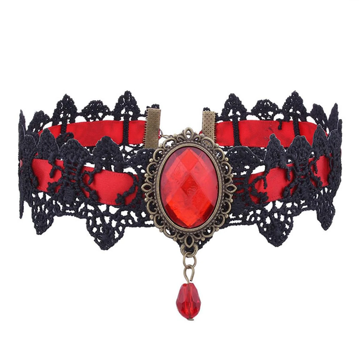 Luckious Brand Gothic Lace Choker Necklace for Women - Elegant Rhinestone Collar with Steampunk and Punk Accessories, red