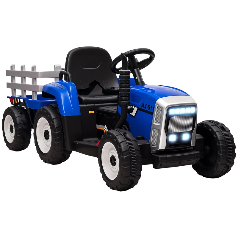 HOMCOM Kids Electric Car, 12V Electric Ride on Tractor and Trailer with Detachable Trailer Remote Control, USB, Horn, Lights, Start-Up Sound, for Ages 3-6 Years, Blue