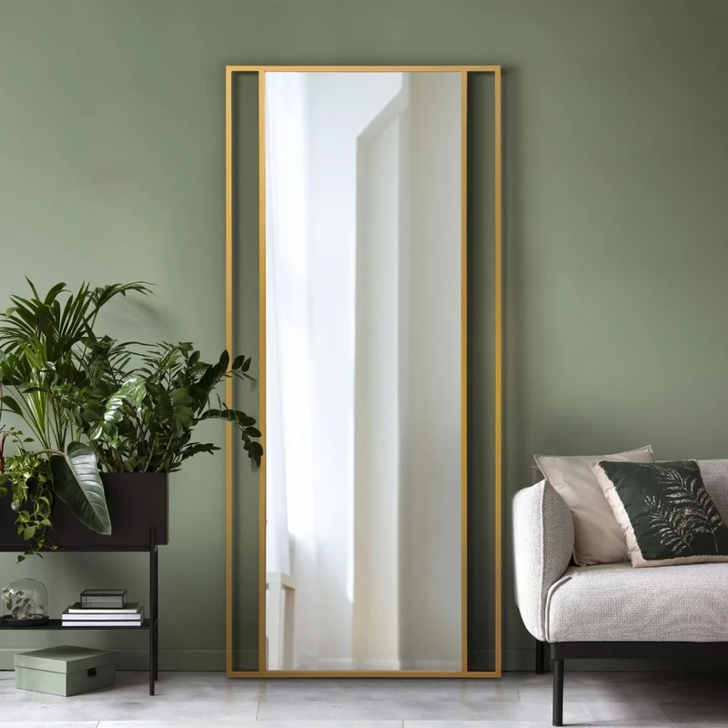 MirrorOutlet The Fenestra - Gold Modern Modern Leaner and Wall Mirror 79" X 35" (200CM X 90CM) Silver Mirror Glass with Black Metal Frame with Feature Edge. Landscape or Portrait.