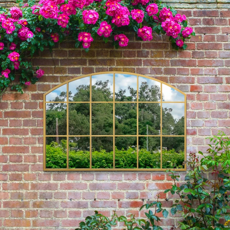 MirrorOutlet The Arcus - Gold Framed Modern Arched Garden Wall Window Mirror 43" X 29" (110CM X 75CM) Silver Mirror Glass with Black All weather Backing.…