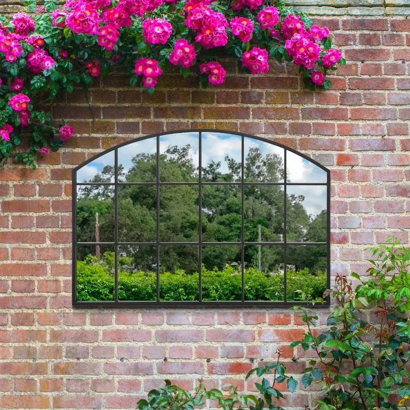 MirrorOutlet The Arcus - Black Framed Modern Arched Garden Wall Window Mirror 43" X 29" (110CM X 75CM) Silver Mirror Glass with Black All weather Backing