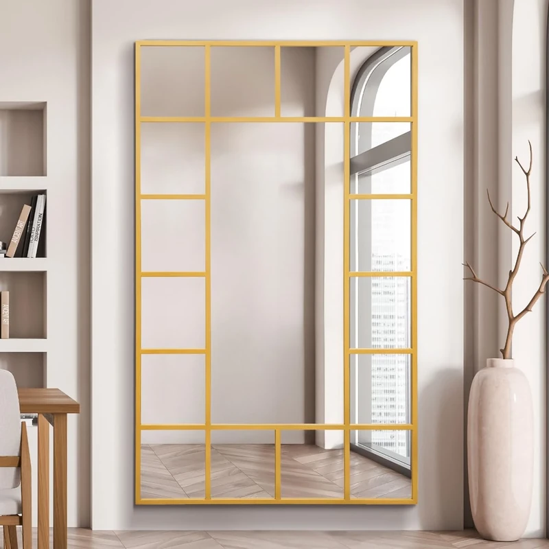 MirrorOutlet The Fenestra - Gold Modern Modern Leaner and Wall Mirror 71" X 43" (180CM X 110CM) Silver Mirror Glass with Black Metal Frame. Landscape or Portrait.