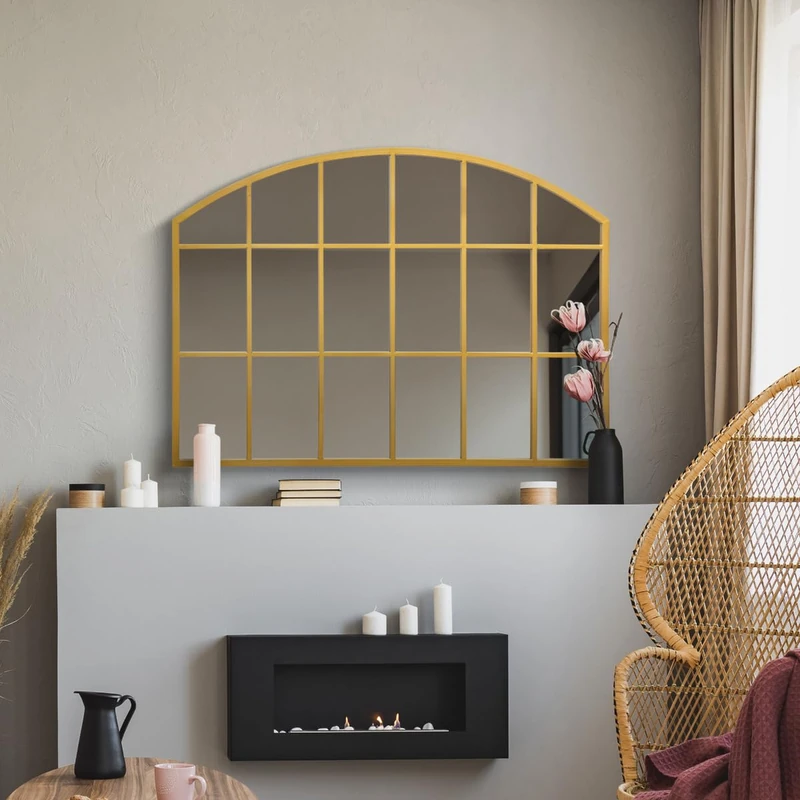 MirrorOutlet The Arcus - Gold Framed Modern Over Mantle Arched Wall Window Mirror 35" X 26" (90CM X 65CM) Silver Mirror Glass with Black All weather Backing.…