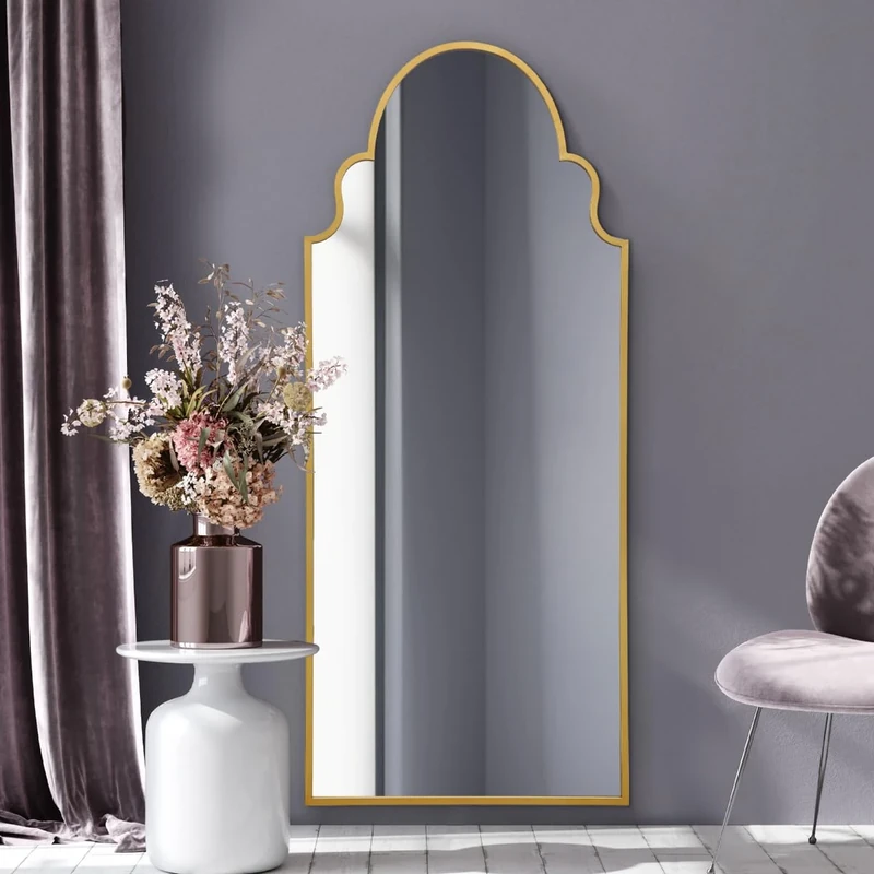 MirrorOutlet The Arcus - Gold Framed Modern Full Length Arched Leaner Wall Mirror 79" X 33" (200CM X 85CM) Silver Mirror Glass with Black All weather Backing.