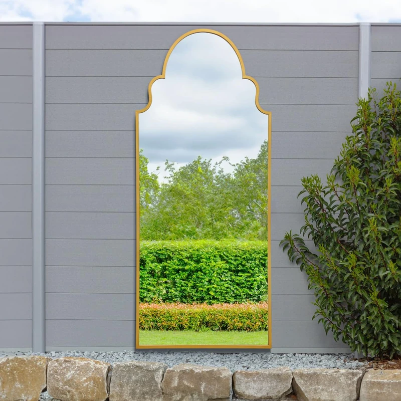 MirrorOutlet The Arcus - Gold Framed Modern Full Length Arched Leaner Wall Garden Mirror 79" X 33" (200CM X 85CM) Silver Mirror Glass with Black All weather Backing.