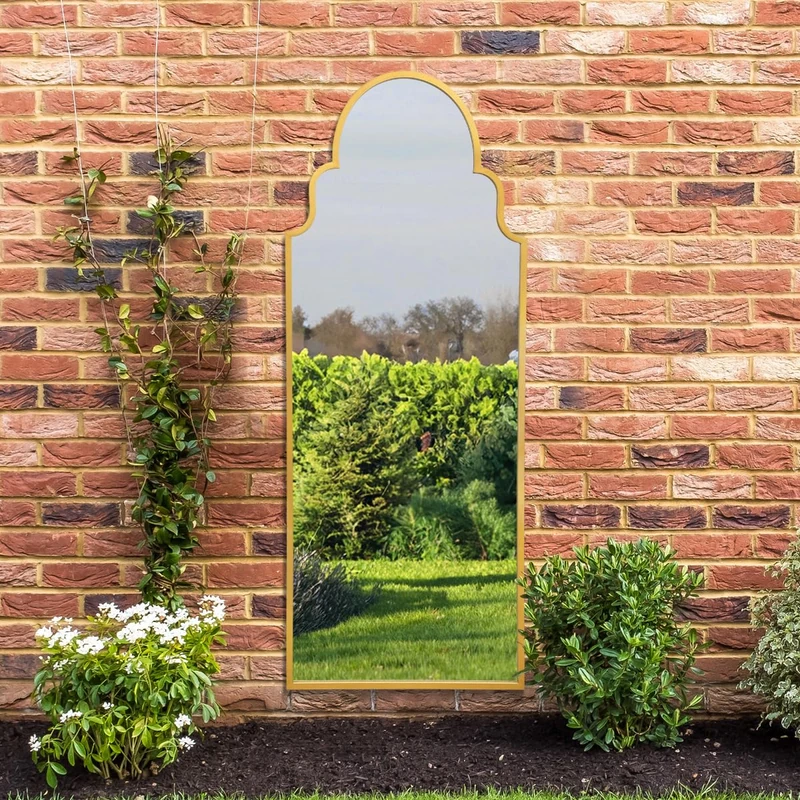 MirrorOutlet The Arcus - Gold Framed Modern Full Length Arched Leaner Wall Garden Mirror 71" X 28" (180CM X 70CM) Silver Mirror Glass with Black All weather Backing.
