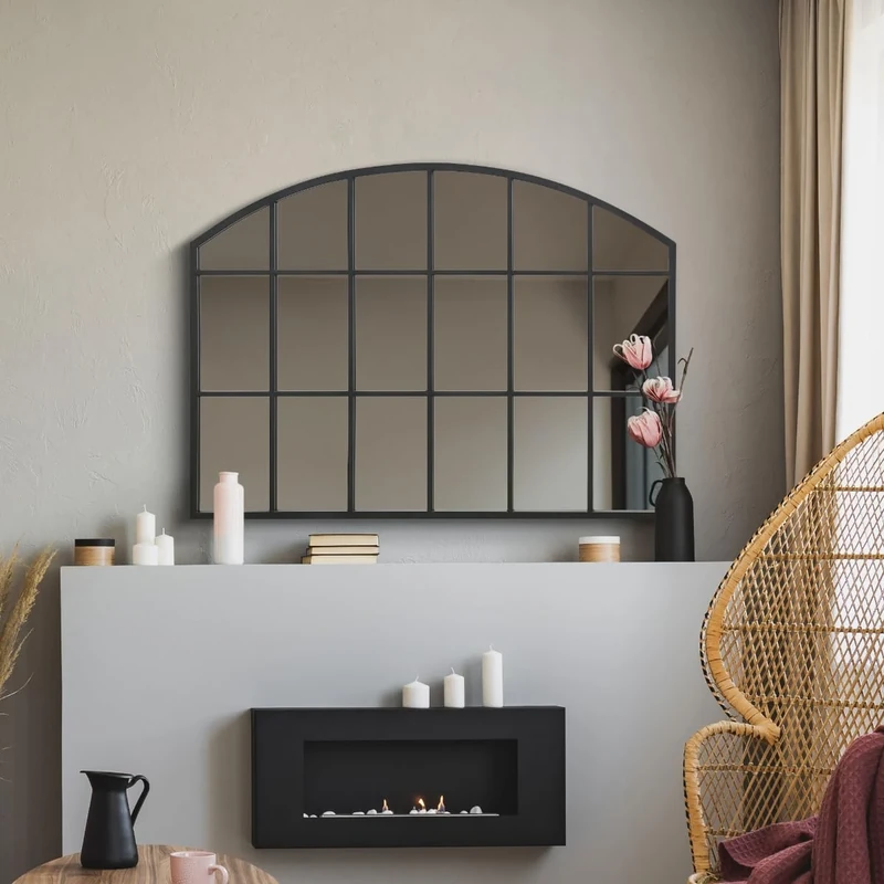 MirrorOutlet The Arcus - Black Framed Modern Over Mantle Arched Wall Window Mirror 35" X 26" (90CM X 65CM) Silver Mirror Glass with Black All weather Backing