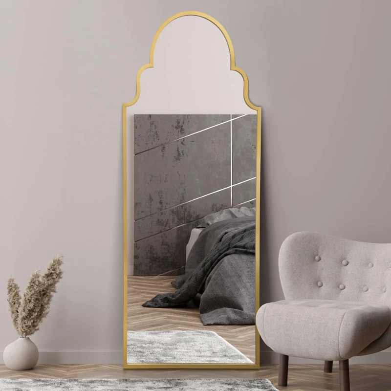 MirrorOutlet The Arcus - Gold Framed Modern Full Length Arched Leaner Wall Mirror 71" X 28" (180CM X 70CM) Silver Mirror Glass with Black All weather Backing.