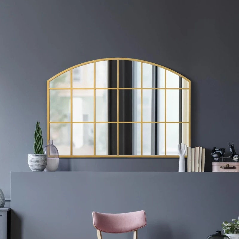 MirrorOutlet The Arcus - Gold Framed Modern Over Mantle Arched Wall Window Mirror 43" X 29" (110CM X 75CM) Silver Mirror Glass with Black All weather Backing.…