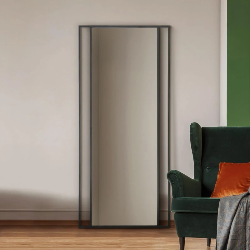 MirrorOutlet The Fenestra - Black Modern Modern Leaner and Wall Mirror 79" X 35" (200CM X 90CM) Silver Mirror Glass with Black Metal Frame with Feature Edge. Landscape or Portrait