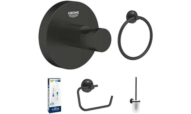 Grohe QuickFIx Bathroom Accessories 4 in 1 Set & QuickGlue A2 (Robe Hook, Towel Ring, Toilet Brush Set, Toilet Roll Holder Without Cover, 4 Syringes with Glue and 4 Adapters), Black Matt