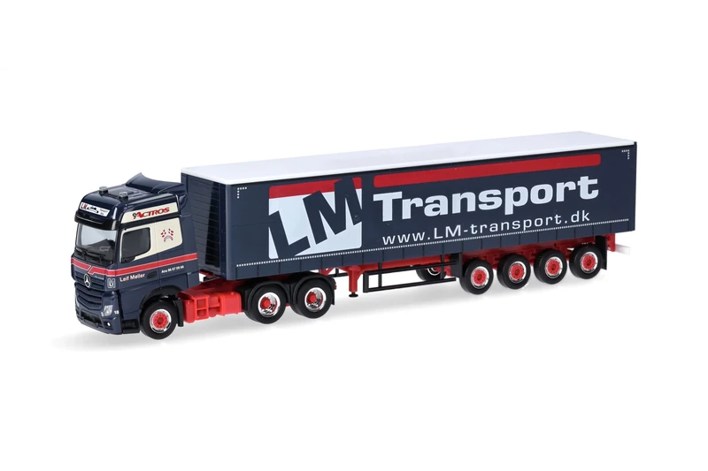Herpa truck model Mercedes-Benz Actros Bigspace curtainsider semitrailer with rear loader "Leif Møller", on a scale of 1 : 87, plastic miniature, made in Germany, model building, collectors edition