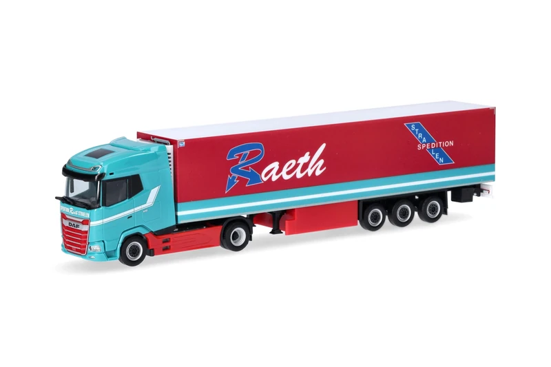 Herpa truck model DAF XG refrigerated box semi-trailer "Raeth", on a scale of 1 : 87, plastic miniature, made in Germany, model building, collectors edition