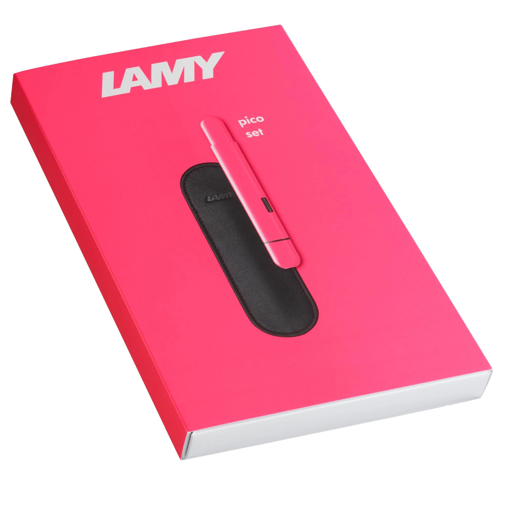 Lamy pico neon pink ballpoint pen gift set - Innovative pocket pen - with one click in full size - metal barrel & line width M - incl. leather case & compact refill M 22 in black
