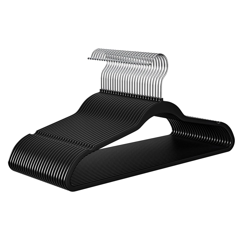 Hangers 50 Pack - Non-Velvet Black Plastic Hangers for Clothes -Heavy Duty Slim Coat Hanger -Space-Saving Closet Hangers with Chrome Hook,Non-Flocked Hangers for Dresses Coats Shirts Jackets
