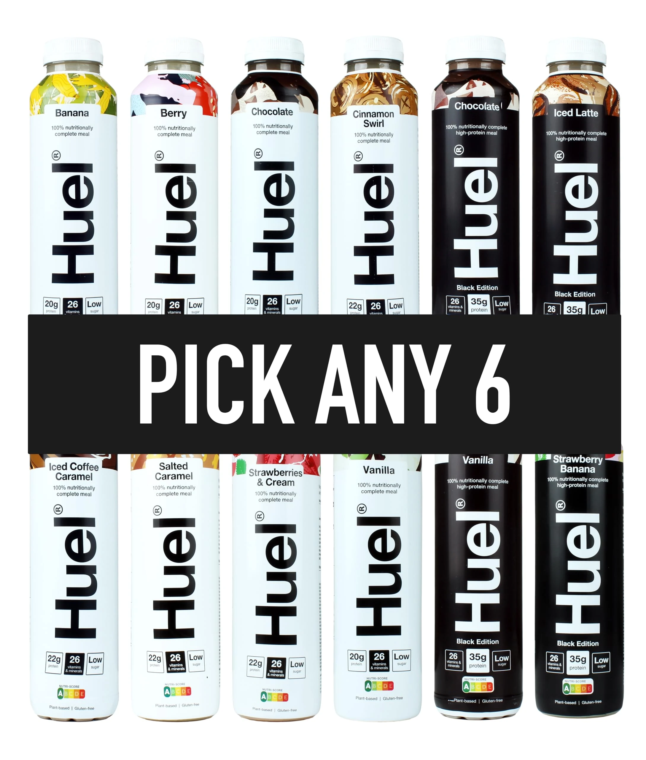 HUEL Ready-to Drink - 500ml - Pick any 6 Bottles - Choose from 10 Flavours - Banana, Berry, Chocolate, Cinnamon Swirl, Iced Coffee Caramel, Salted Caramel, Strawberries & Cream, Vanilla