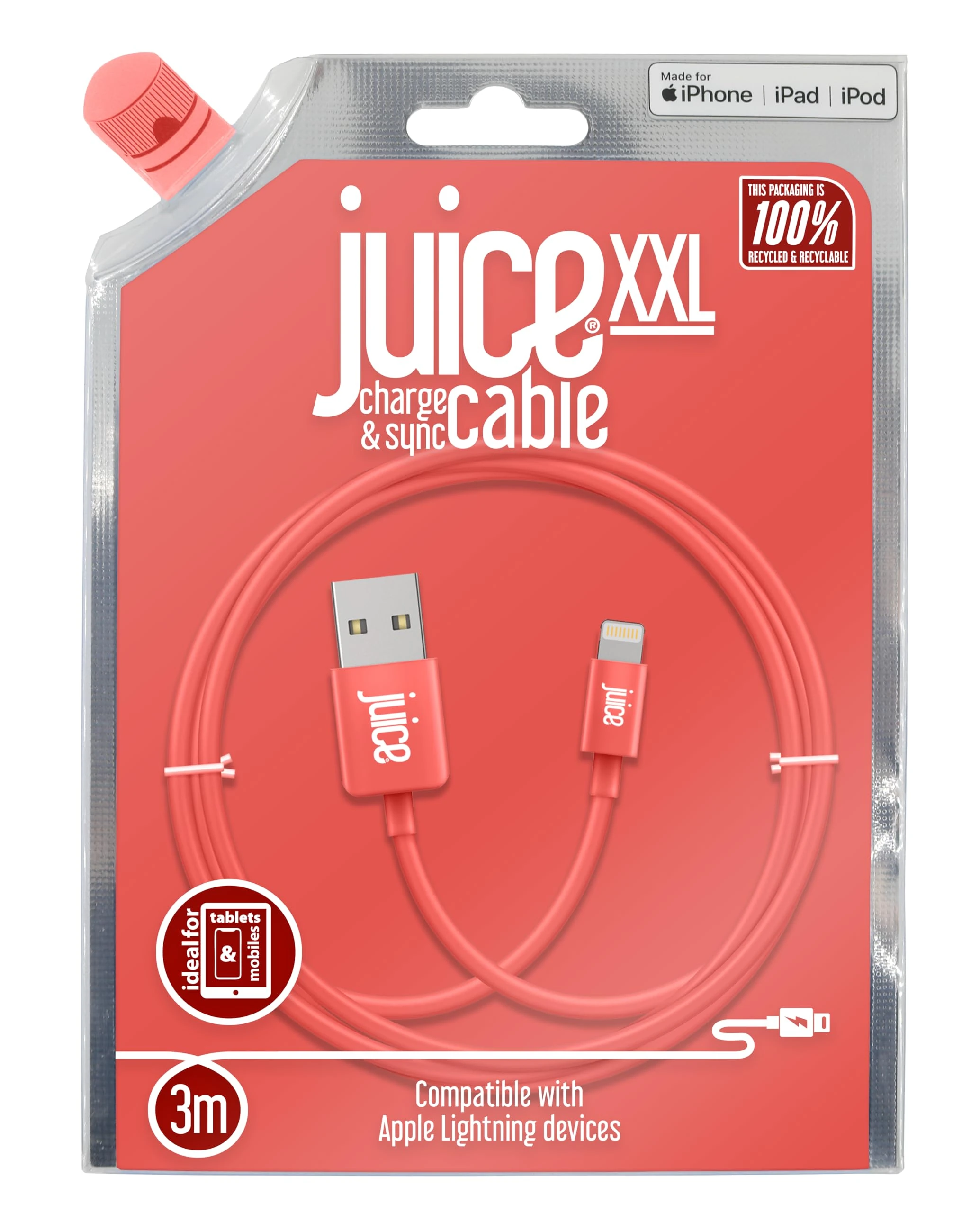 Juice XXL 3m Lightning Cable – Long MFi Certified iPhone Charging Lead, Durable USB to Lightning Cord for iPad & iPhone - Coral