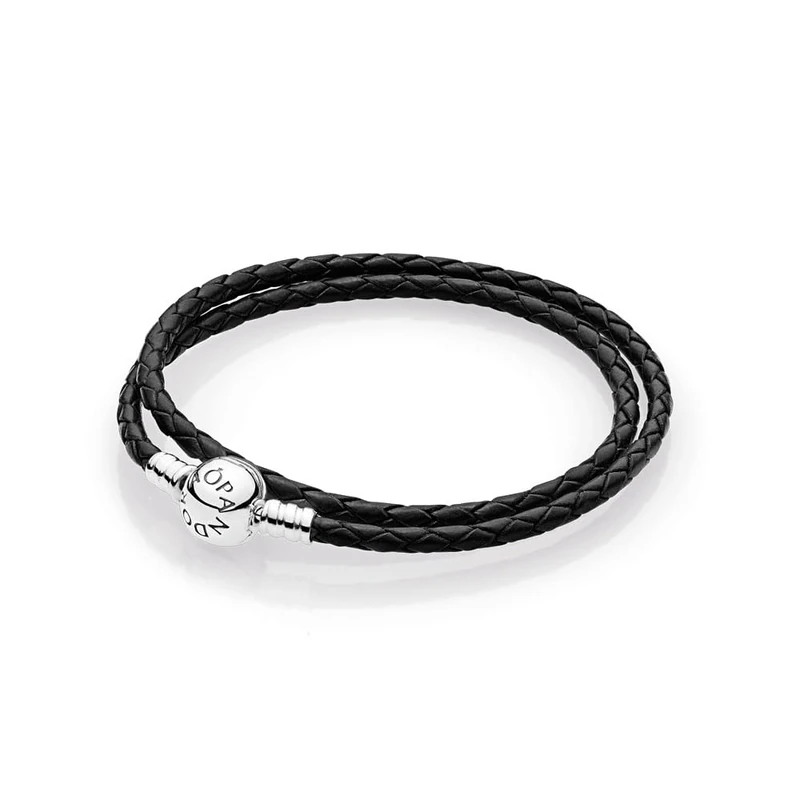 PANDORA Silver Leather Bracelet Double Black 590745CBK-D4 Brand, One Size, Metal, No Gemstone, one size, Metal, No Gemstone