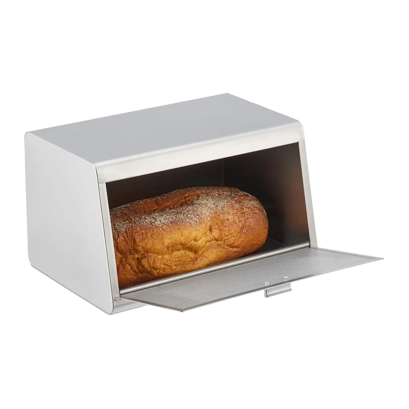Relaxdays Stainless Steel Bin, Storage Box, H x W x D: 20.5 x 34.5 x 23.5 cm, Bread Container, Metal, Silver