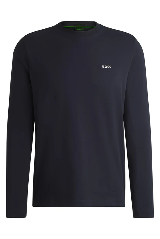 BOSS Mens Tee Long Long-Sleeved T-Shirt in Stretch Cotton with Contrast Logo