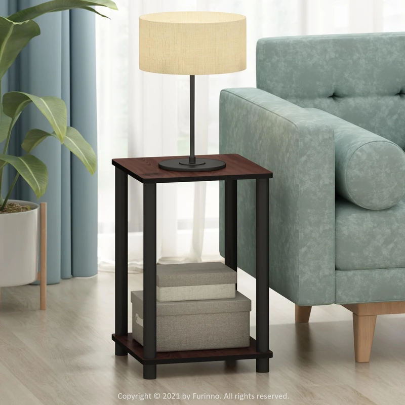 Furinno TURN-N-TUBE Side Table Set of 2, 2-Tier Square Top End Table with Open Shelf, Toolless Stackable Night Stand, Bedside Table, for Living Room, Bedroom, Dark Cherry