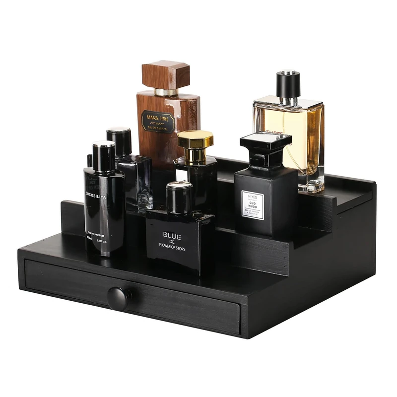 Fengligoo Black Wooden Cologne Organizer for Men - 3 Tier Wooden Perfume Display Stand with Drawer and Hidden Compartment for Organizing and Storing, Cologne Holder Shelf for Dresser - Image 1