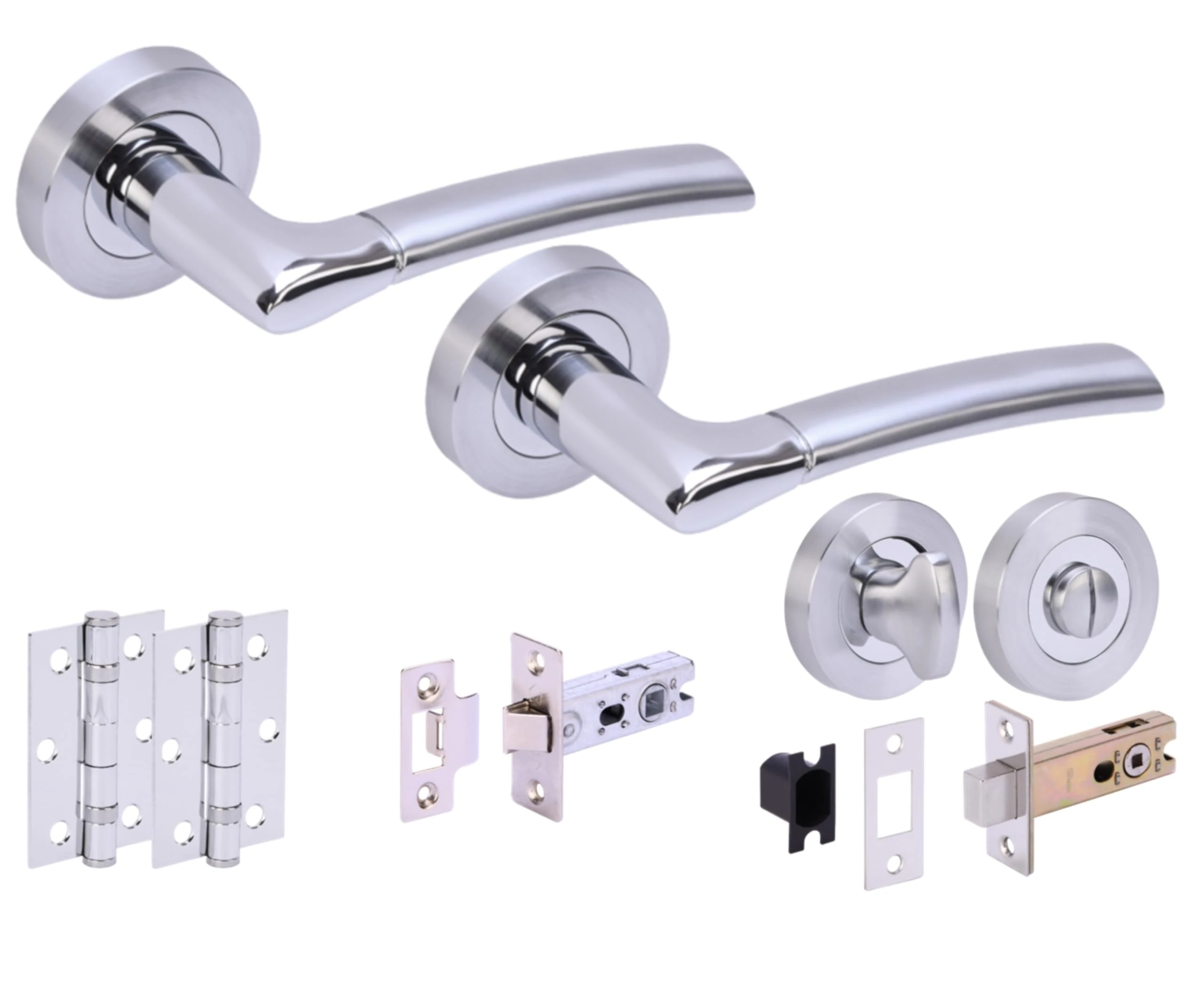 Hunta HANDLEZONE® Columba Premium Door Handles on Rose Bathroom Deadbolt Pack with 75mm Ball Bearing Hinges, 76mm Latch and Lock - Dual Polished/Satin Chrome