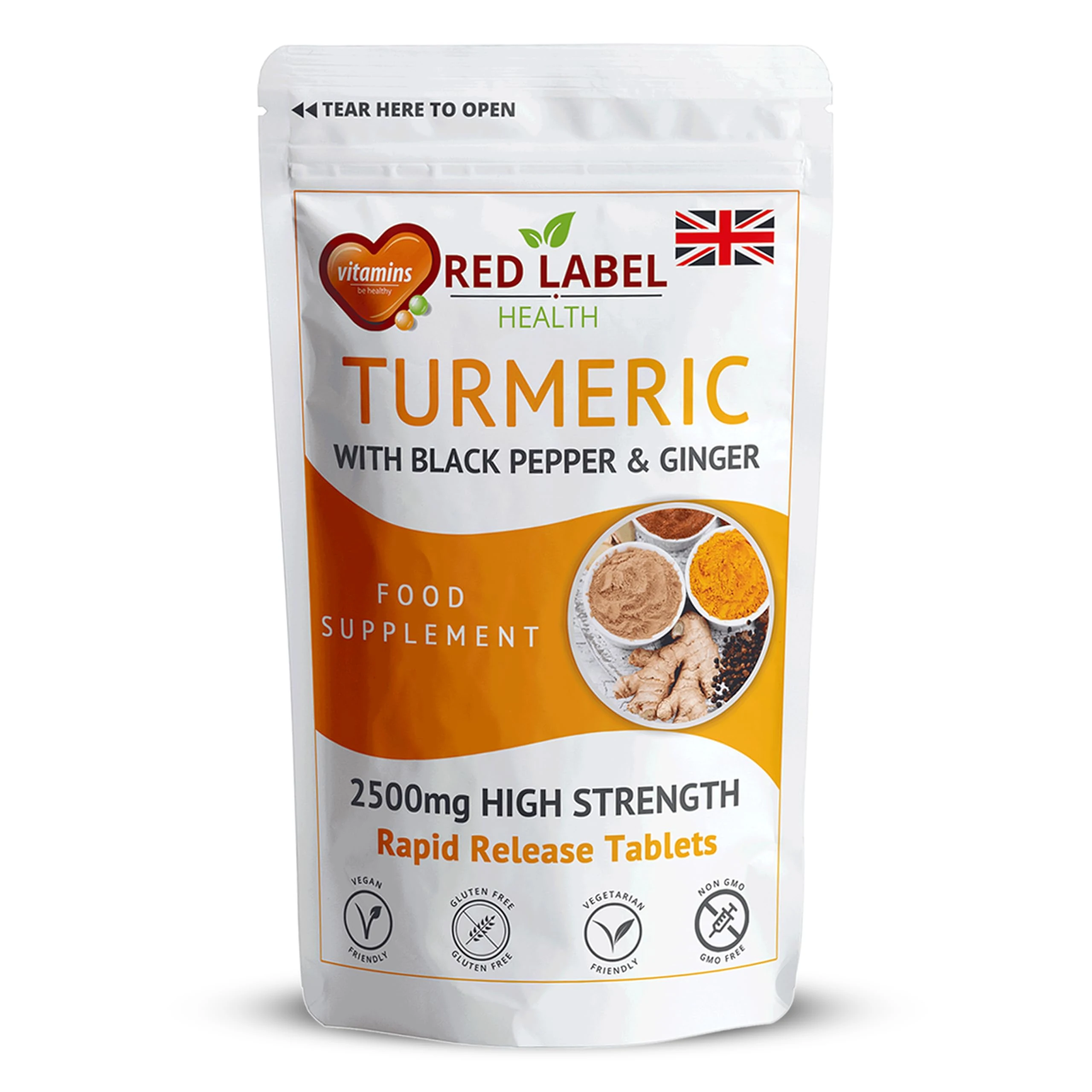 Red Label Health Turmeric Tablets 2620 mg with Black Pepper & Ginger, 365 Count (1 Year Supply) High Strength Curcumin Supplements, Not Turmeric Capsules, Vegan and Gluten Free, UK Made