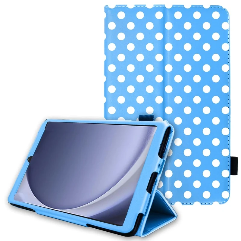 TECHGEAR Leather Case for Samsung Galaxy Tab A11 / A9 8.7" (SM-X130/X135/X110/X115) PU Leather Slim Folio Stand Cover with Hand Strap, Magnetic Closure, Microfibre Lining, Stylus Loop [Polka/Blue]