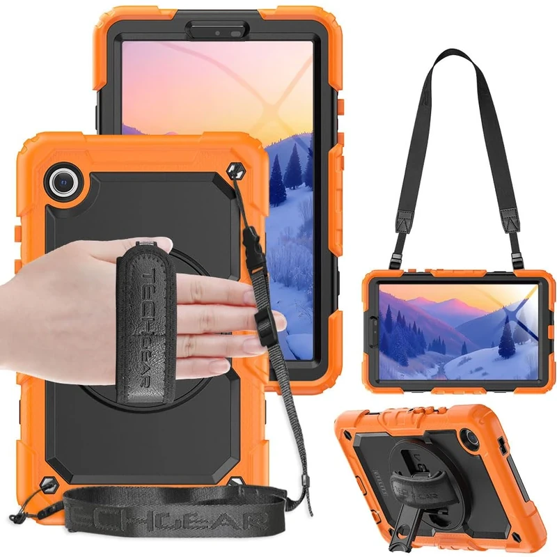 TECHGEAR UTILITY Case fits Samsung Galaxy Tab A9 8.7" (SM-X110 / SM-X115) Tough Rugged HEAVY DUTY Armour Shockproof Impact Case with 360 Rotating Stand, Hand Strap and Shoulder Strap -Orange