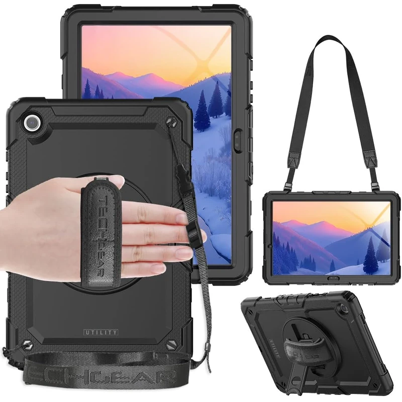 TECHGEAR UTILITY Case fits Samsung Galaxy Tab A9 Plus 11" (SM-X210 / SM-X215) Tough Rugged HEAVY DUTY Armour Shockproof Impact Case with 360 Rotating Stand, Hand Strap & Shoulder Strap - Black