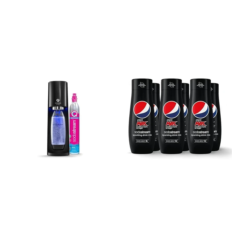 SodaStream E-Terra Sparkling Water Maker, Sparkling Machine & 1L BPA-Free Bottle, Retro Drinks Maker w. Quick Connect Co2 & Pepsi Max Syrup x 6 - Black