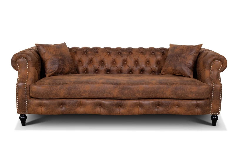 Brown Faux Leather Chesterfield Sofa – Luxury 3 Seater Sofa with Deep Button Tufting, Solid Wood Legs & Accent Cushions – Elegant Leather Style 3 Seater Sofas for Living Room, Stylish Brown Couch for